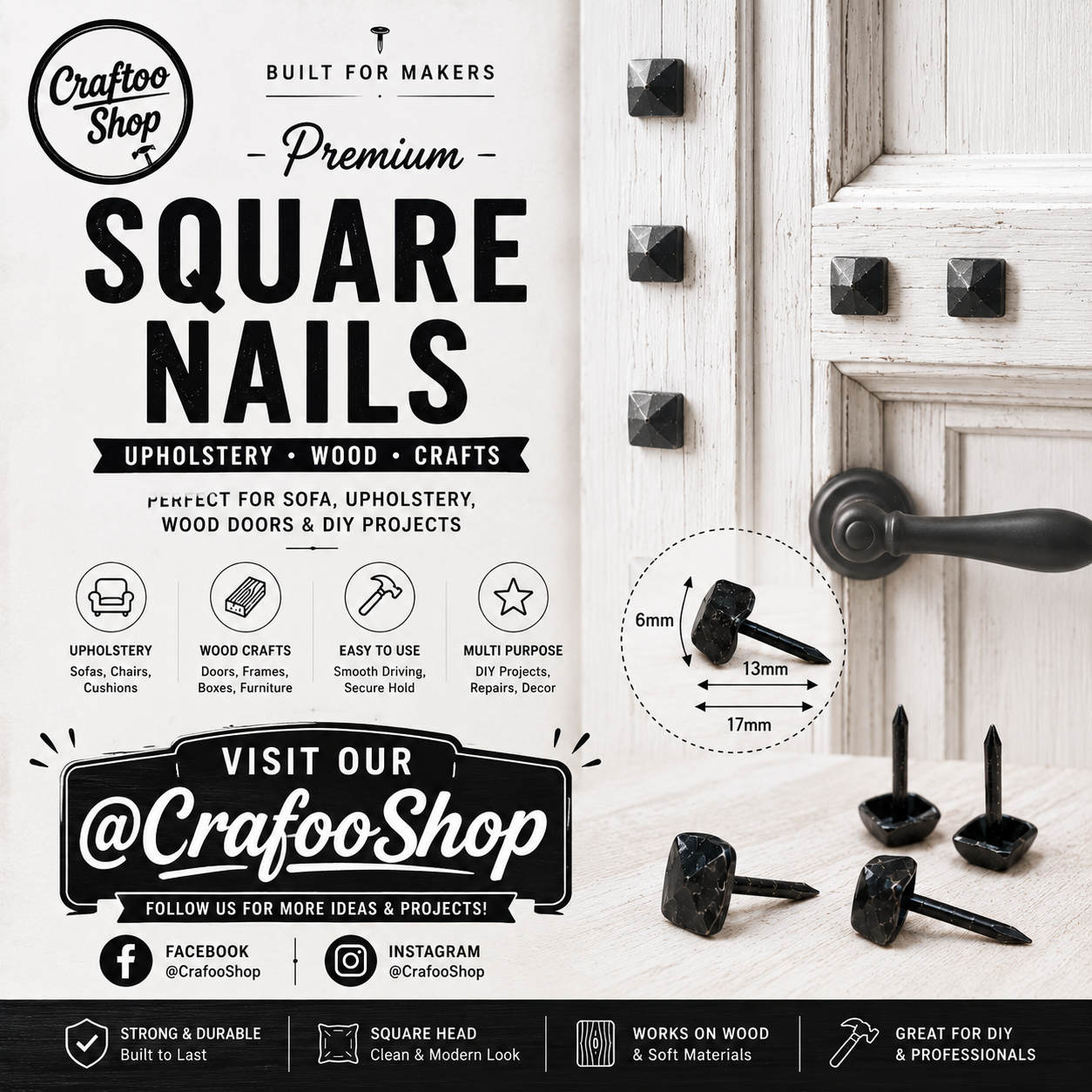 Furniture Nails, Antique Square Head Decorative, Hand forged Metal box thumb Push Pins, Wood Sofa Door Gate stud Leather Work, Upholstery Black 17mmX6mm