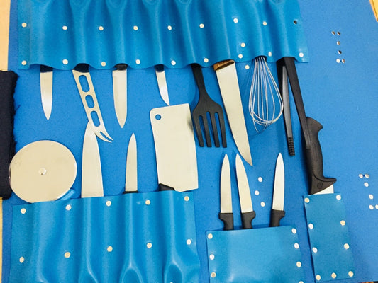 15 Slots Knife Roll ,hand Crafted Chef bag, Syntactic PU PVC Leather, Hand Made Knives Roll Holder Bag, kitchen supply Gift, Silver Metal