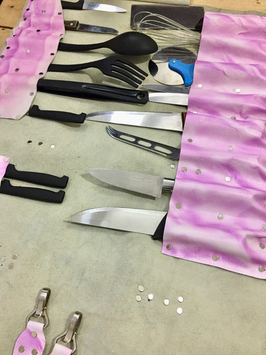 16 Slots Pink Knife Roll, Handmade Chefs bag, Cow Genuine Leather Knives Roll Holder Bag Gift Kitchen Supply