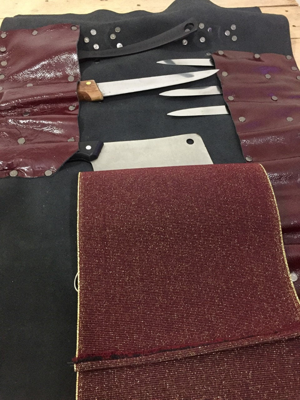 Burgundy 14 Slots knife Roll with long strap HandCrafted, Chefs bag Gift Cow Genuine Leather, Holder kitchen Supply, 48cmX68cm mixed colours
