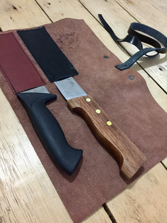 2 Slots knife Roll Hand Crafted, Genuine Leather , kitchen Tools bag, Knives Roll Holder Bag , Chefs Roll,Camel Black colour, Size 22cmX32cm
