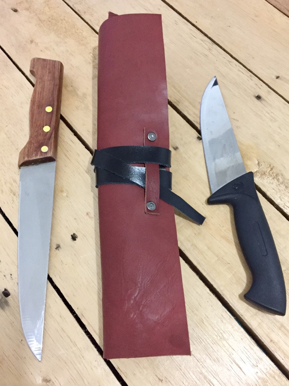 2 Slots knife Roll Hand Crafted, Genuine Leather , kitchen Tools bag, Knives Roll Holder Bag , Chefs Roll,Camel Black colour, Size 22cmX32cm