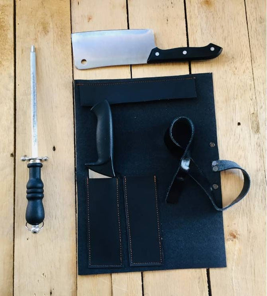 2 Slots Knife roll , synthetic leather , Belt Genuine Leather, 100% Hand made, dark Brown colour , genuine leather. Black belt 32cmX24cm