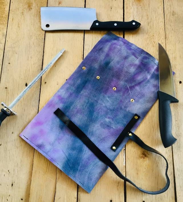 3 Slots knife roll , pink purple Genuine Leather, 100% Hand made pink purple colour size 20cmX25cm