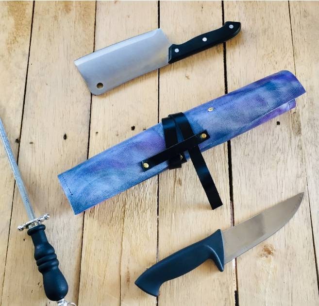 3 Slots knife roll , pink purple Genuine Leather, 100% Hand made pink purple colour size 20cmX25cm