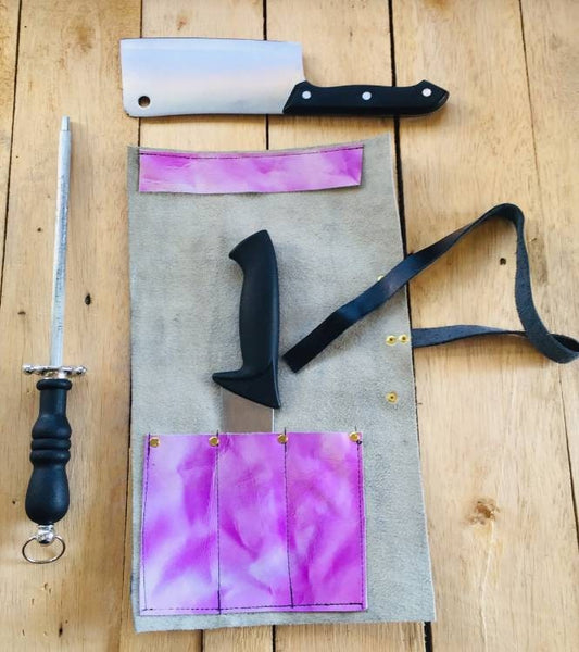 3 Slots knife roll , pink purple Genuine Leather, 100% Hand made pink purple colour size 20cmX25cm