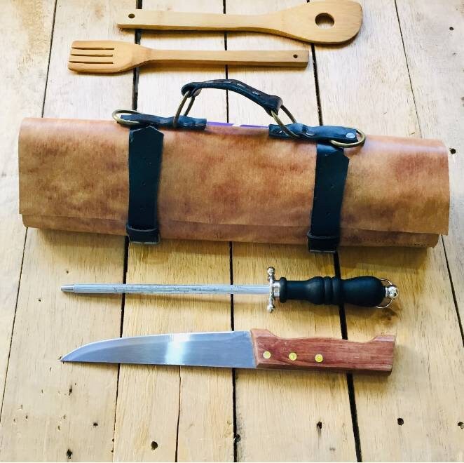 9 Slots knife roll Genuine Leather knives Bag Holder kitchen storage Tools Holder Chef bag with long Strap Brown Tan colour 20inchX15.5inch