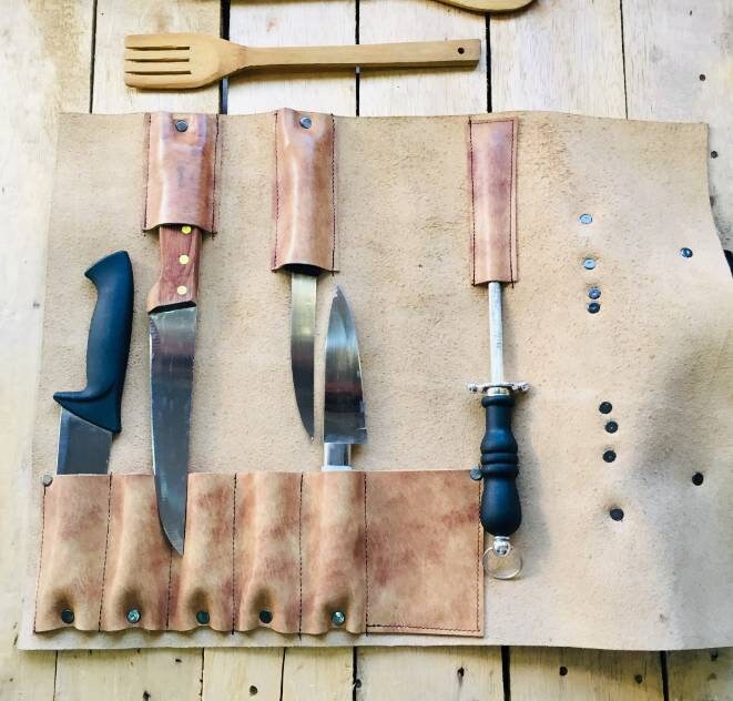 9 Slots knife roll Genuine Leather knives Bag Holder kitchen storage Tools Holder Chef bag with long Strap Brown Tan colour 20inchX15.5inch