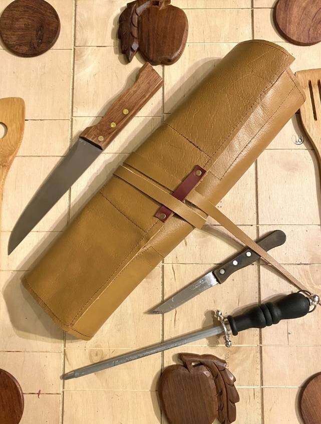 10 Slots Knife Roll, HandCrafted PVC Synthetic leather, belt Cow Genuine Leather, Tools Holder Bag ,Chefs Gift Kitchen Supply size 52cmX39cm