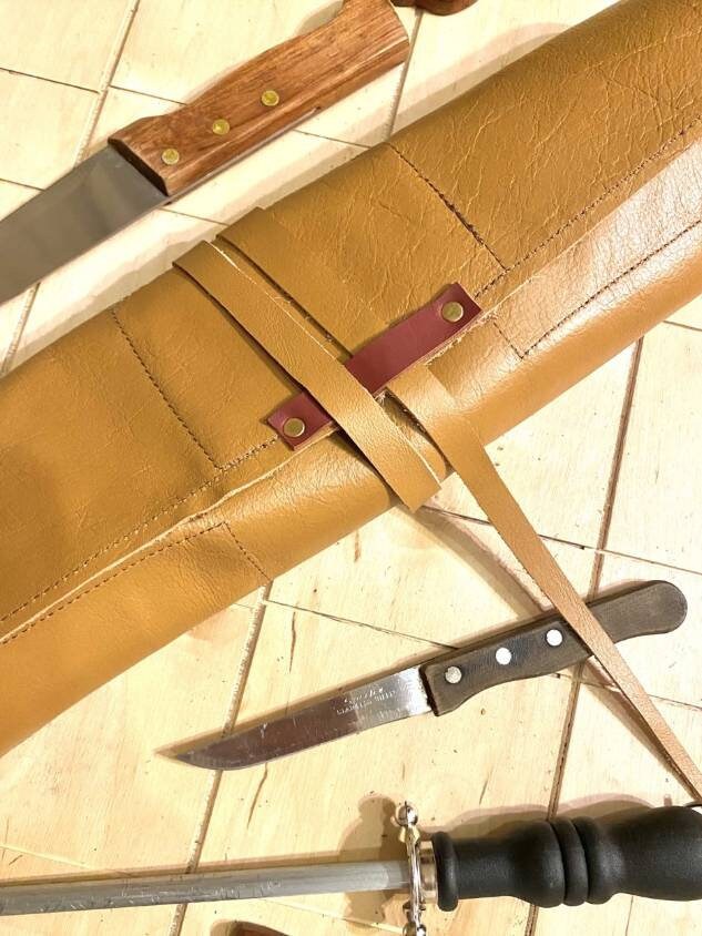 10 Slots Knife Roll, HandCrafted PVC Synthetic leather, belt Cow Genuine Leather, Tools Holder Bag ,Chefs Gift Kitchen Supply size 52cmX39cm