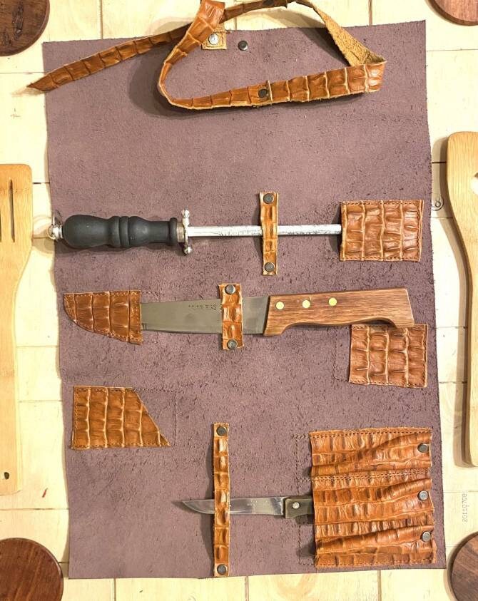 7 Slots Knife Roll, HandCrafted Chef bag Cow Genuine Leather Knives Roll, Tools Holder Bag Chefs Gift Kitchen Supply Size 13.5inch X19inch