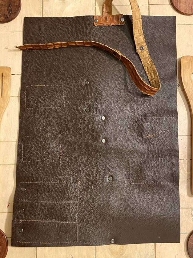 7 Slots Knife Roll, HandCrafted Chef bag Cow Genuine Leather Knives Roll, Tools Holder Bag Chefs Gift Kitchen Supply Size 13.5inch X19inch