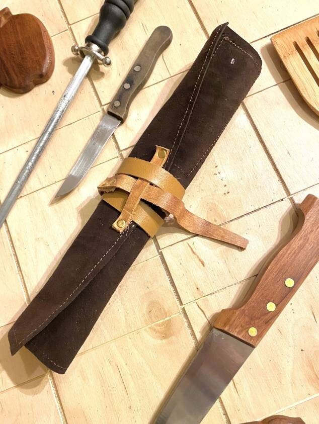 2 Slots Knife Roll, Chef bag, Cow Genuine Leather Knives Roll, Tools Holder Bag ,Chefs Gift Kitchen Supply Brown colour, Size 7inchX 11inch