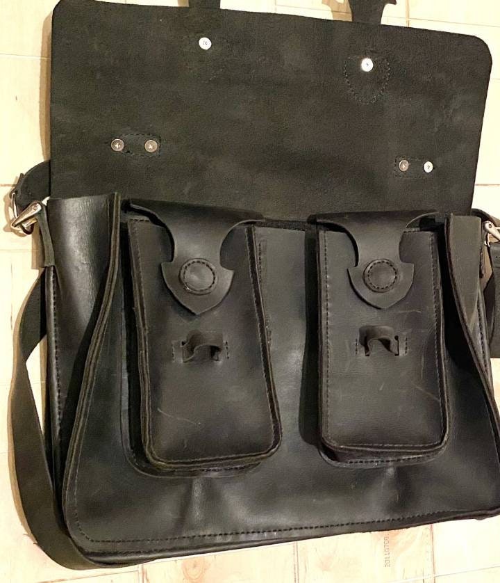 Genuine Leather Laptop Bag, Shoulder Strap Bag Vintage Cross Bag, Travel Bag Handmade Heavy Work Leather Pullup Black 13inchX12inch