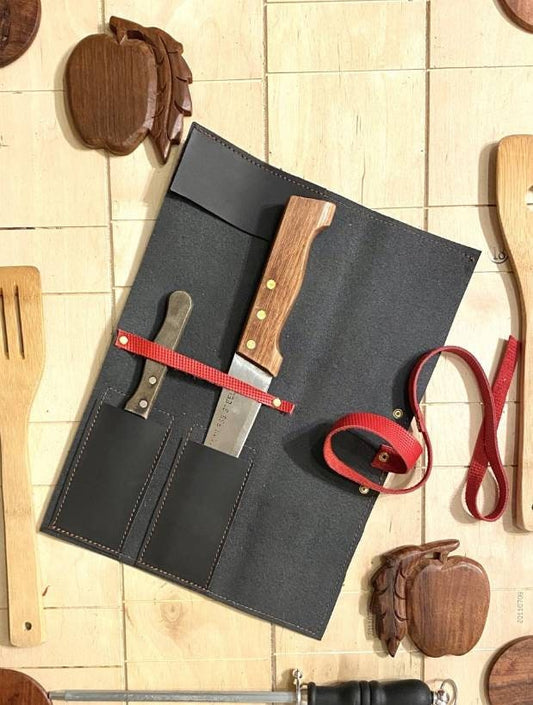 2 Slots Knife Roll, Handmade Chef bag Synthetic Leather, Genuine Leather Belt Knives Roll,Tools Holder Kitchen Supply Size 9.5inch X13inch