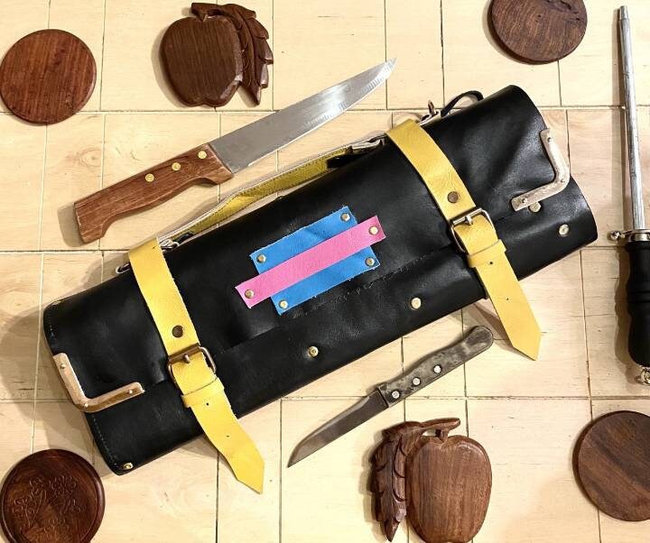 Colourful Knife Roll Handmade 8 Slots Genuine Leather Chef Bag Supply kitchen Tools bag Holder Wooden Leather Roll with strap Size 56cmX42cm