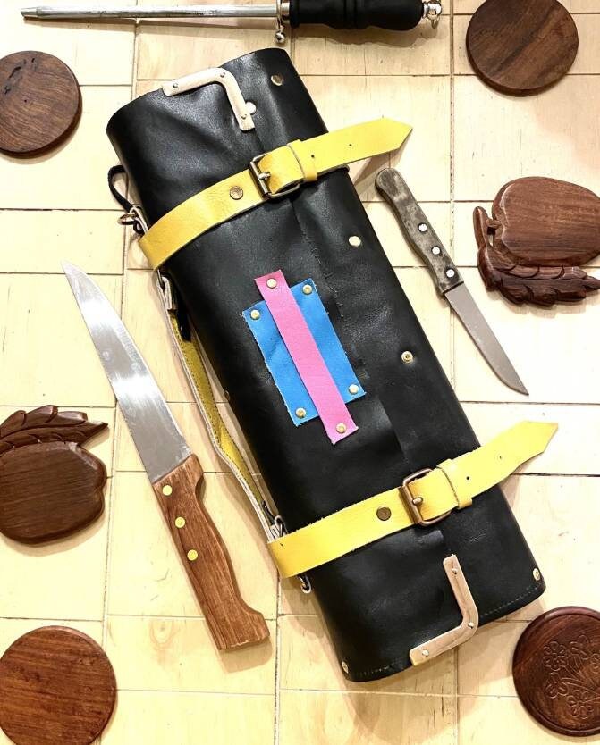 Colourful Knife Roll Handmade 8 Slots Genuine Leather Chef Bag Supply kitchen Tools bag Holder Wooden Leather Roll with strap Size 56cmX42cm