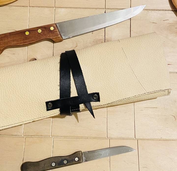7 Slots Knife Roll, HandCrafted Chef bag, Cow Genuine Leather Knives Roll, Tools Holder Gift Kitchen Supply Beige Black Colou Size 47cmX33cm