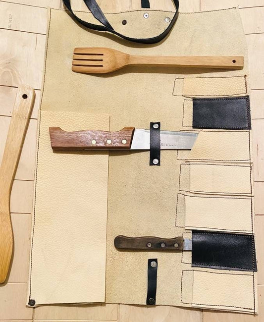 7 Slots Knife Roll, HandCrafted Chef bag, Cow Genuine Leather Knives Roll, Tools Holder Gift Kitchen Supply Beige Black Colou Size 47cmX33cm