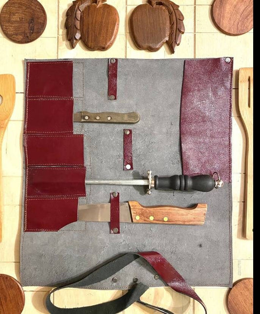 5 Slots Knife Roll, Grey Colour Handmade Chef bag, Cow Genuine Leather Knives Roll, Tools Holder Chefs Kitchen Supply Size 14inchX15.5inch