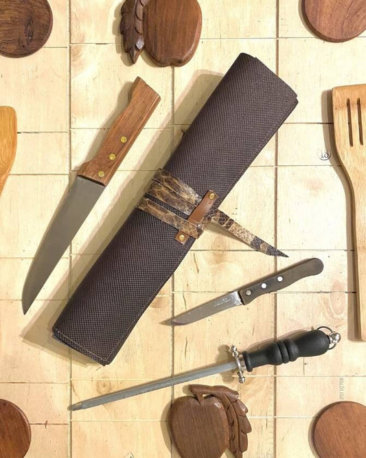 3 Slots Knife Roll, HandCrafted Cow Genuine Leather Knives Roll Tools Holder Chefs Gift Kitchen Supply Brown Tan Colour Size-10inchX14.5inch