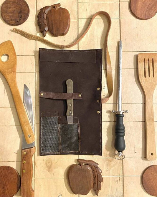 2 Slots Knife Roll, Chef bag, Cow Genuine Leather Knives Roll, Tools Holder Bag ,Chefs Gift Kitchen Supply Brown colour, Size 7inchX 11inch