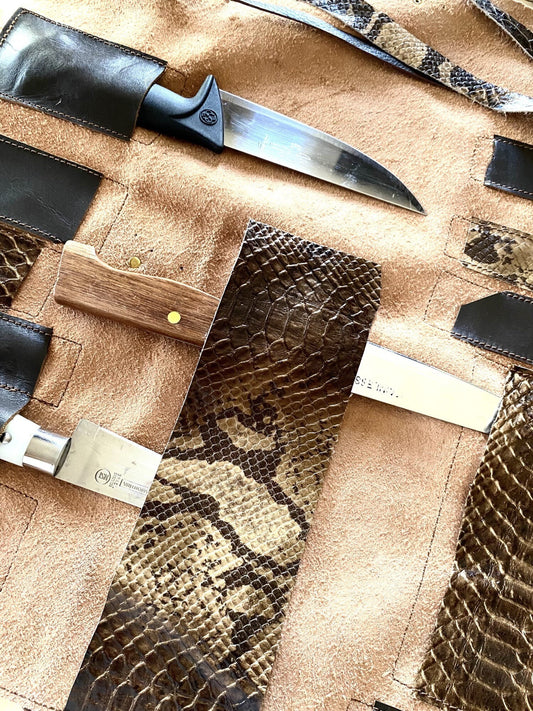 11 Slots Knife Roll, Chef bag, Cow Genuine Leather Knives Roll, Tools Chefs Gift Kitchen Supply, Snake Baige Brown colour Size 41cmX50cm