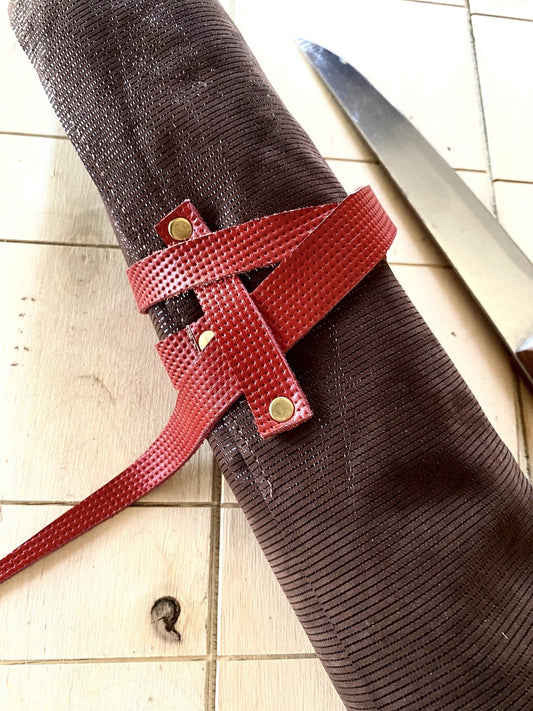 6 Slots Knife Roll, Chef bag, Cow Genuine Leather Knives Roll, Tools HolderBag ,Chefs Gift Kitchen Supply Red Brown Colour Size 32cmX48cm