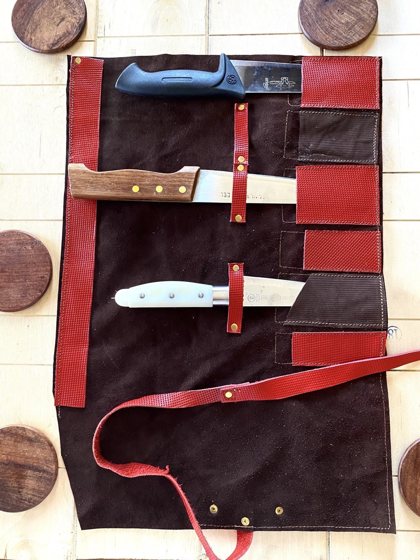 6 Slots Knife Roll, Chef bag, Cow Genuine Leather Knives Roll, Tools HolderBag ,Chefs Gift Kitchen Supply Red Brown Colour Size 32cmX48cm