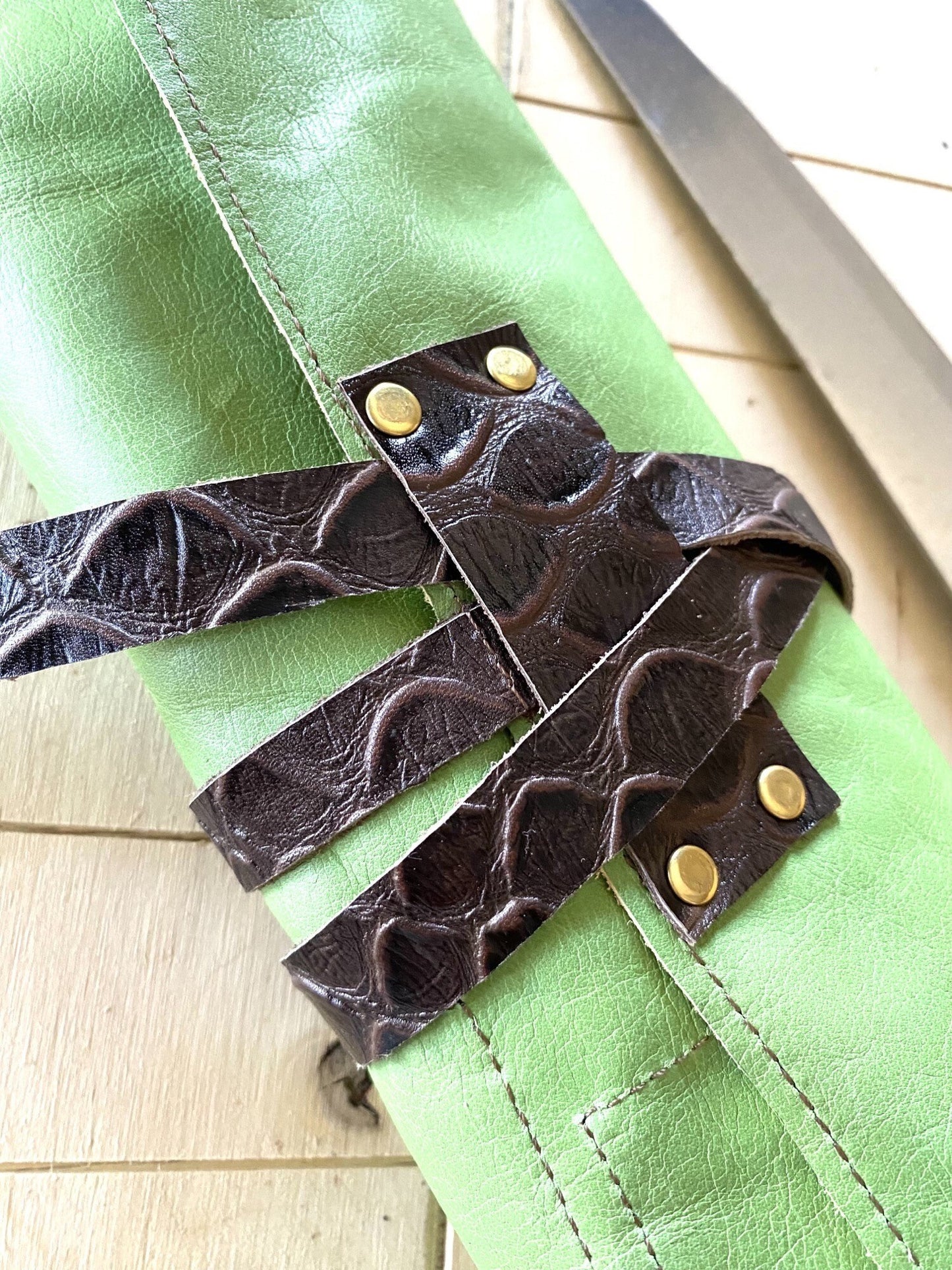 6 Slots Knife Roll, Chef bag, Cow Genuine Leather Knives Roll, Tools Chefs Gift Kitchen Supply green brown colour Size 53cmX31cm