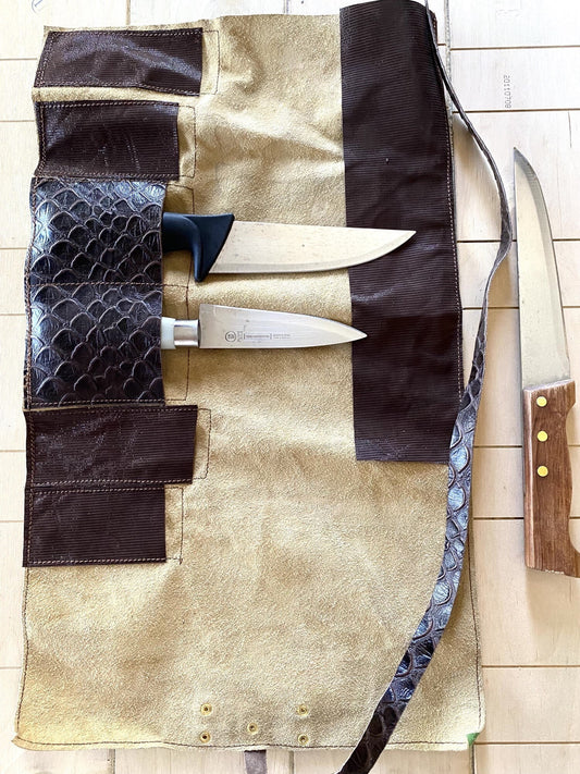 6 Slots Knife Roll, Chef bag, Cow Genuine Leather Knives Roll, Tools Chefs Gift Kitchen Supply green brown colour Size 53cmX31cm