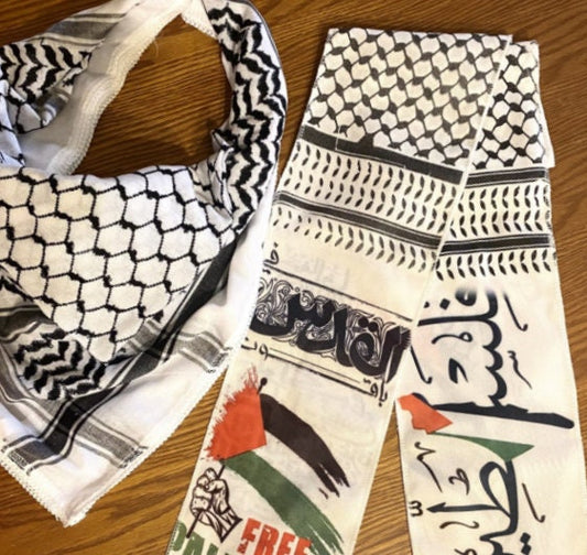 Keffiyeh Palestine Scarfs , Palestinian Cities Unique Arabic Writing Designs, Kuffyieh Hatta Vintage Dress, Kofya Shawl Bandana, 2 Scarfs
