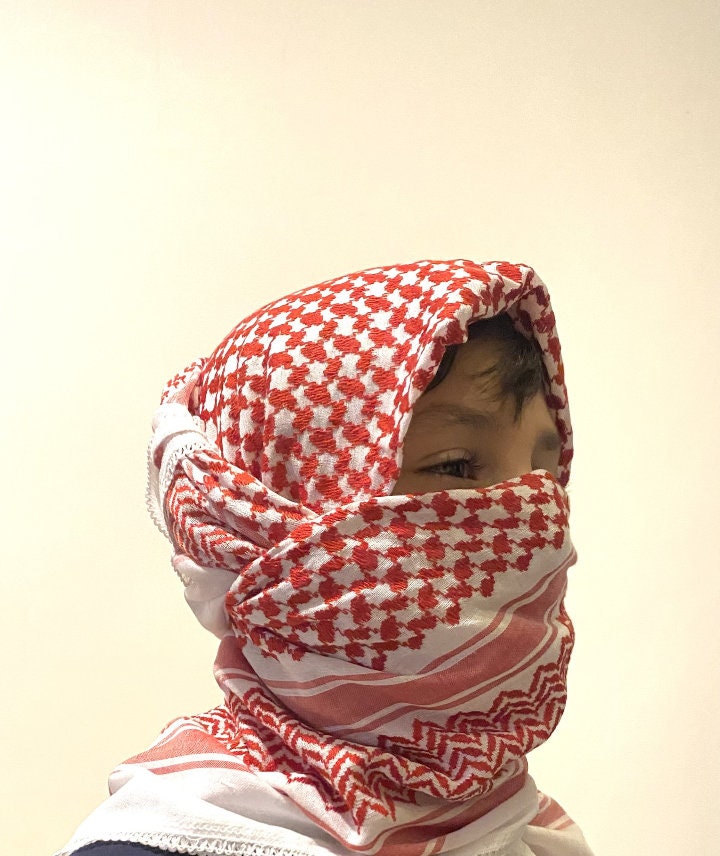 2x Pieces Red Shemagh Kuffyieh Arab Scarf, Vintage Dress, Unique Woven Stitched, Hatta Kofya HandCrafted Scarves Traditional Style Unisex FaceMask