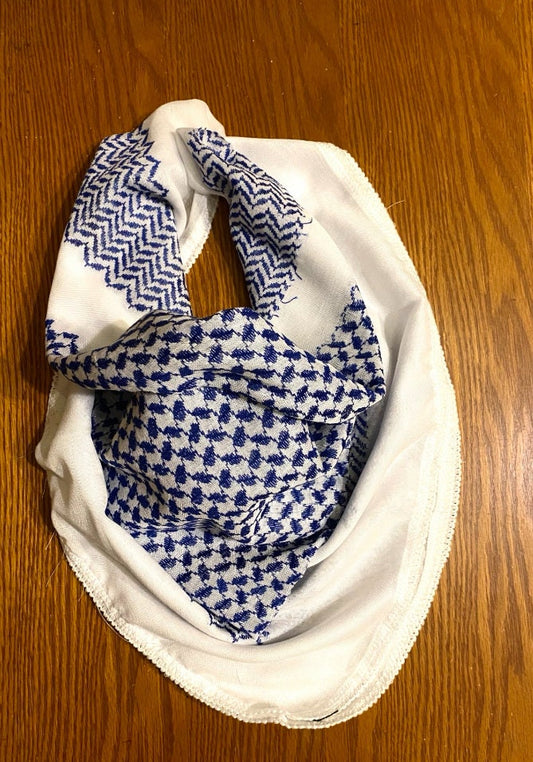 2x Pieces Blue Keffyieh Unique Arab Scarf Shemagh, Woven Stitched, face Cover Headwear Windproof Kuffyieh Mask, Vintage Dress Kofya Hatta Blue White