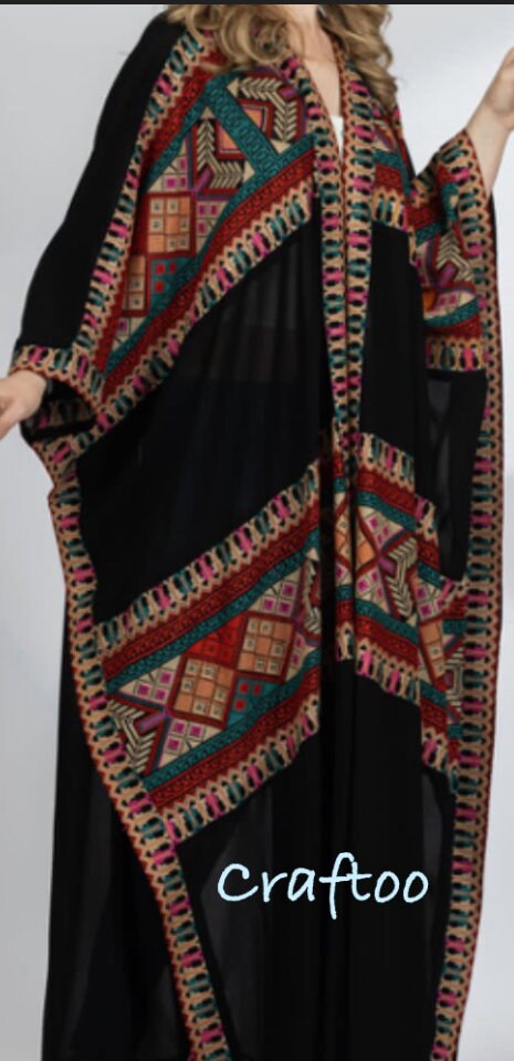 Abaya Palestine Tatreez Embroidery Dress, Heritage Palestinian style, Traditional Thobe Embroidered for Weddings Parties Occasions one size