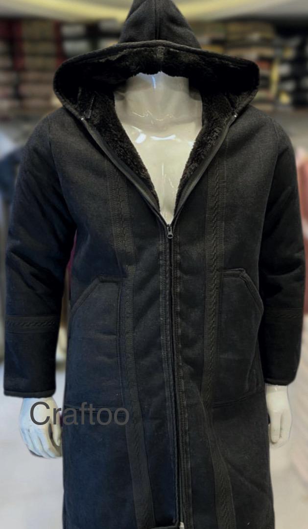 Hoodie Farwa Winter Coat Unique Fur, Morocco Arab Style, Warm Heavy, Bisht Unisex Clothing Vintage Traditional Western Black مغربي الجازي