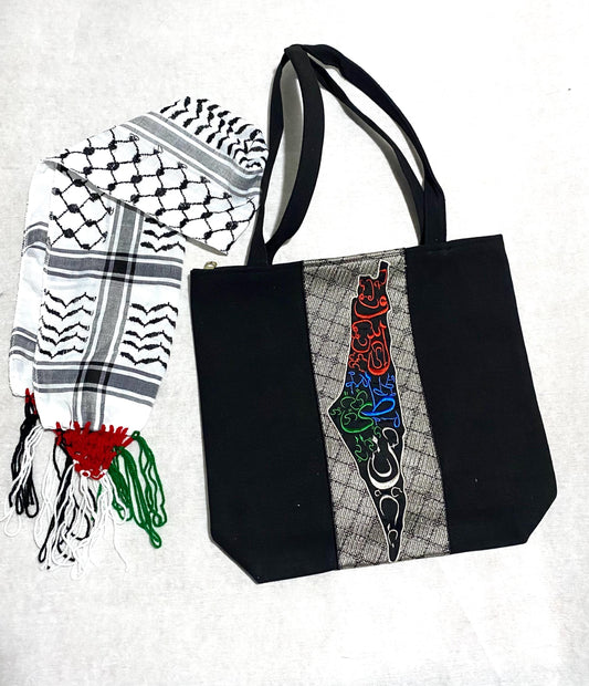 Palestine Map Canvas Tote Bag, Keffiyeh Scarf, Shoulder Bag, Vintage Unique Handmade Heavy Work multi-function Zipper Bag
