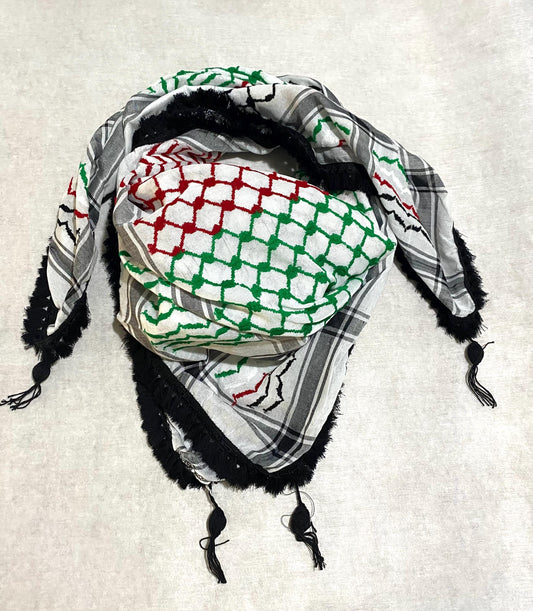 Palestine Flag Scarf, Shemagh Keffyeih Fabric Arab Bandana Kofya Hatta, Kuffyieh Woven Stitched NOT Printed, Mixed Colours, Black Tassels