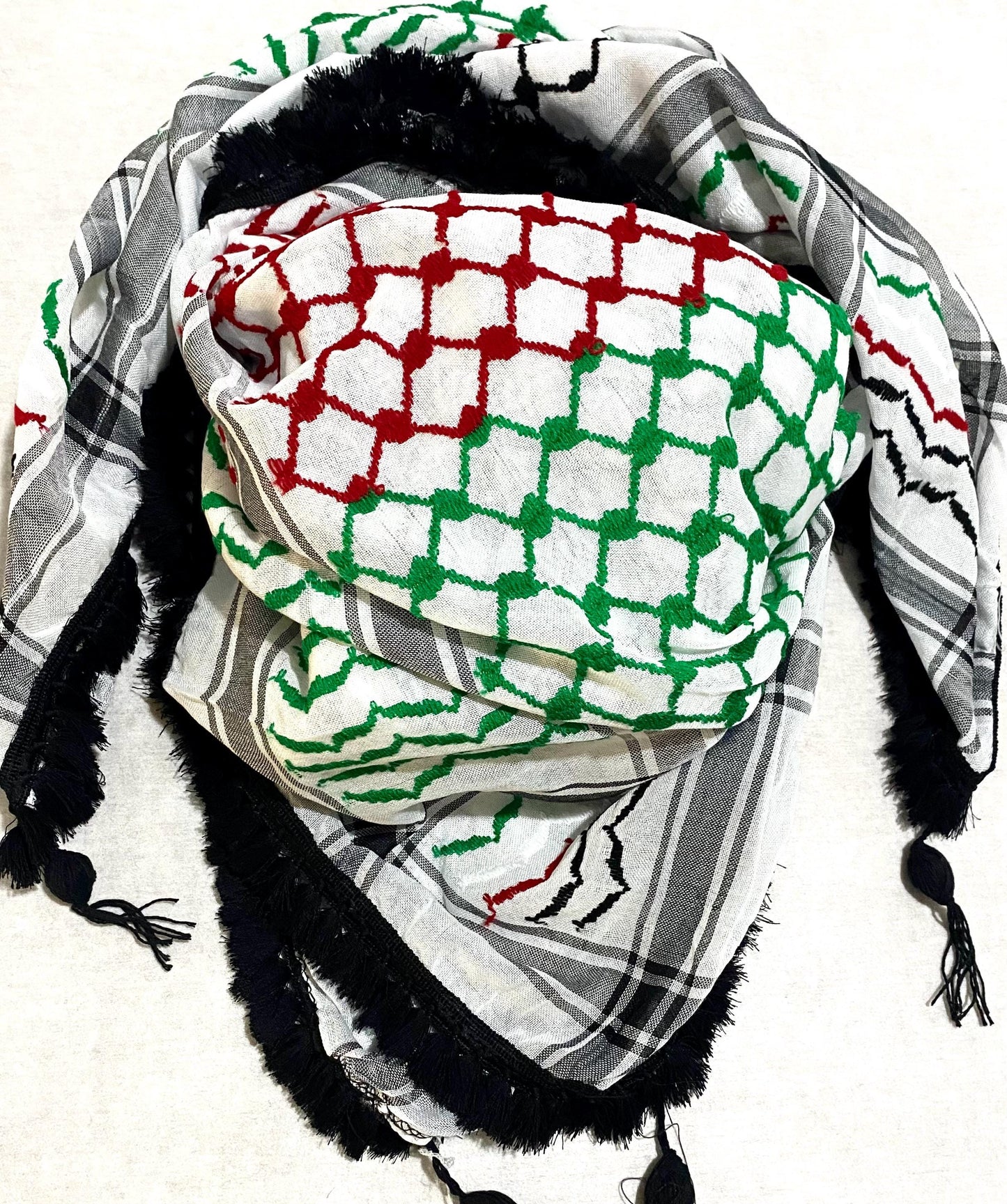 Palestine Flag Scarf, Shemagh Keffyeih Fabric Arab Bandana Kofya Hatta, Kuffyieh Woven Stitched NOT Printed, Mixed Colours, Black Tassels