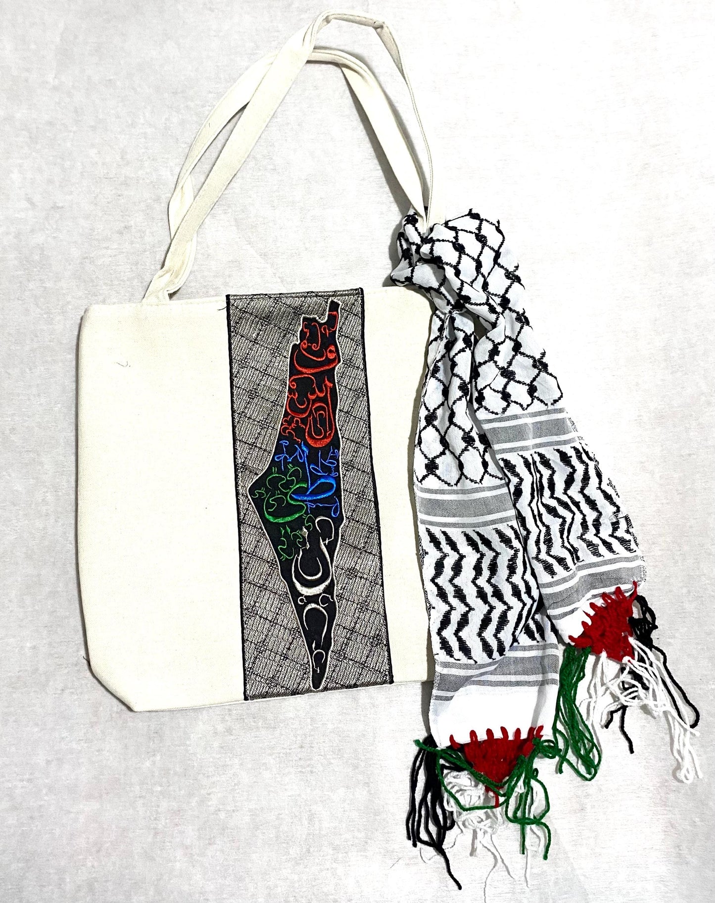 Palestine Map Canvas Tote Bag With Keffiyeh Scarf, Shoulder Bag, Vintage Unique Handmade Heavy Work multi-function Zipper Bag, 2 pieces