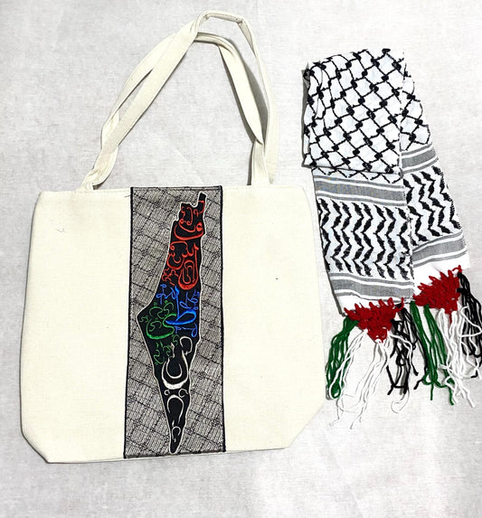 Palestine Map Canvas Tote Bag With Keffiyeh Scarf, Shoulder Bag, Vintage Unique Handmade Heavy Work multi-function Zipper Bag, 2 pieces
