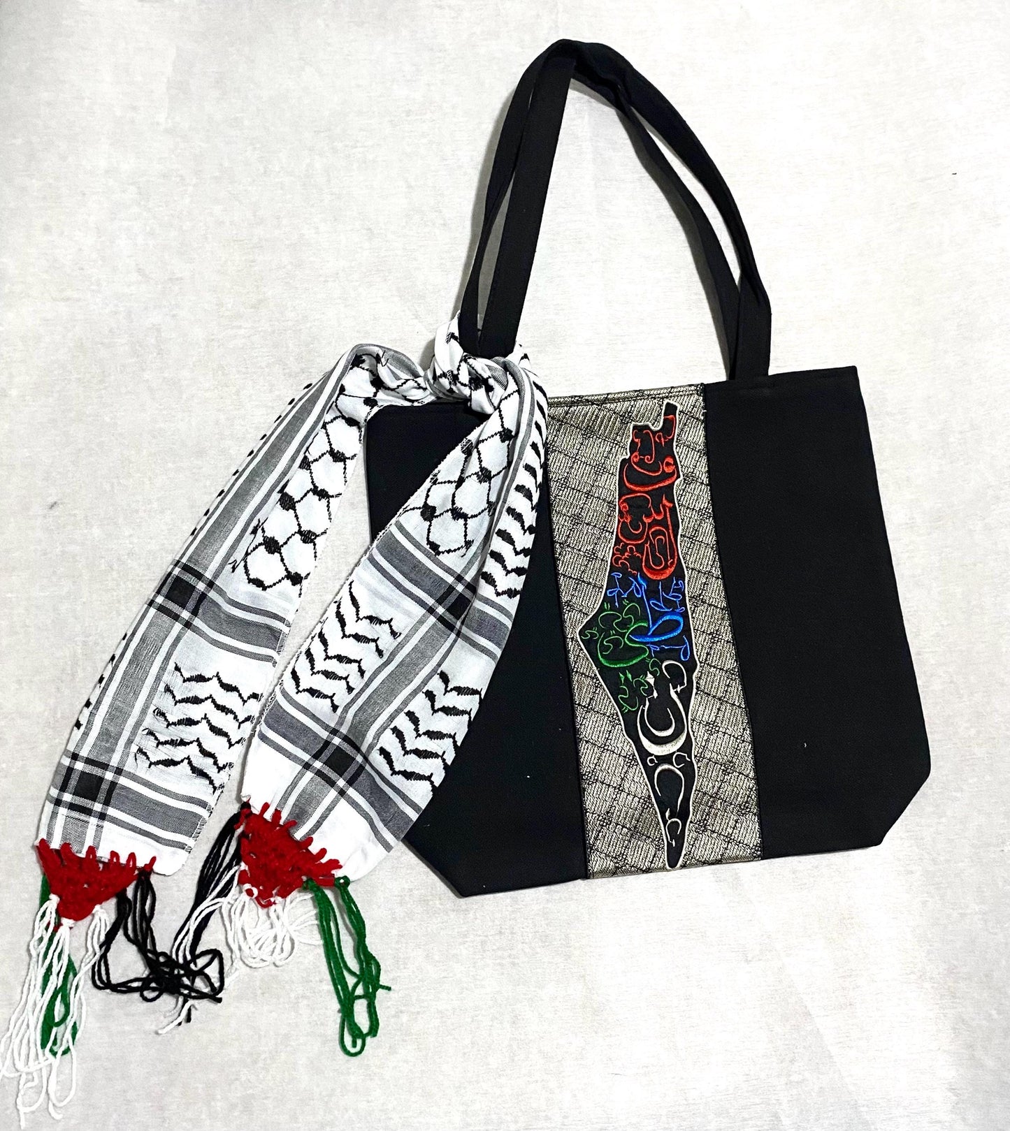 Palestine Map Canvas Tote Bag, Keffiyeh Scarf, Shoulder Bag, Vintage Unique Handmade Heavy Work multi-function Zipper Bag