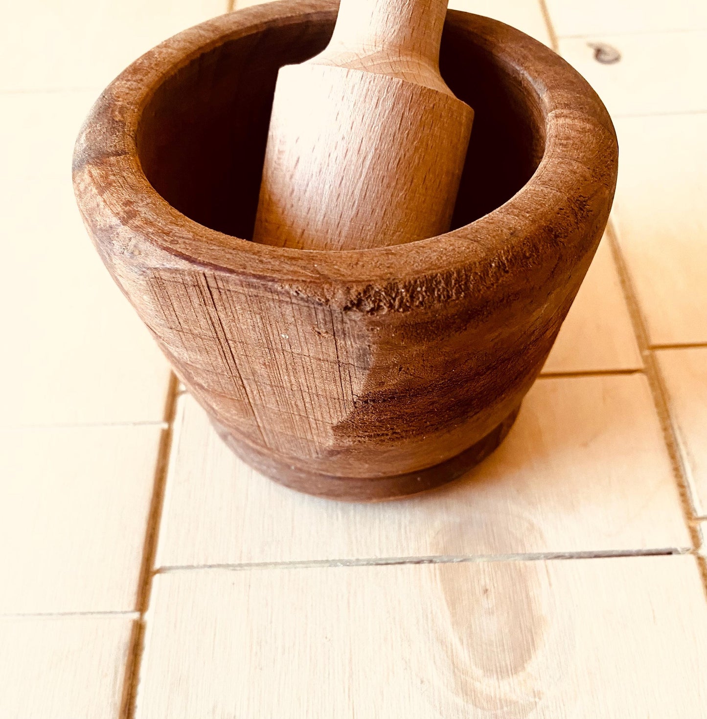 Vintage Rustic Mortar And Pestle, Old style 1970's Kitchen Essential Tool Chefs Supply, Unique Rare Handmade Gift, Antique Wood