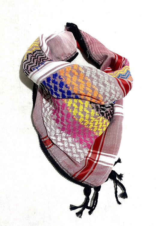 Burgundy Rainbow Keffiyeh Scarf, Unique Arab Palestine Desert Bandana face Cover, Windproof Mask, Vintage dress Hatta Shemagh Keffyieh Mixed