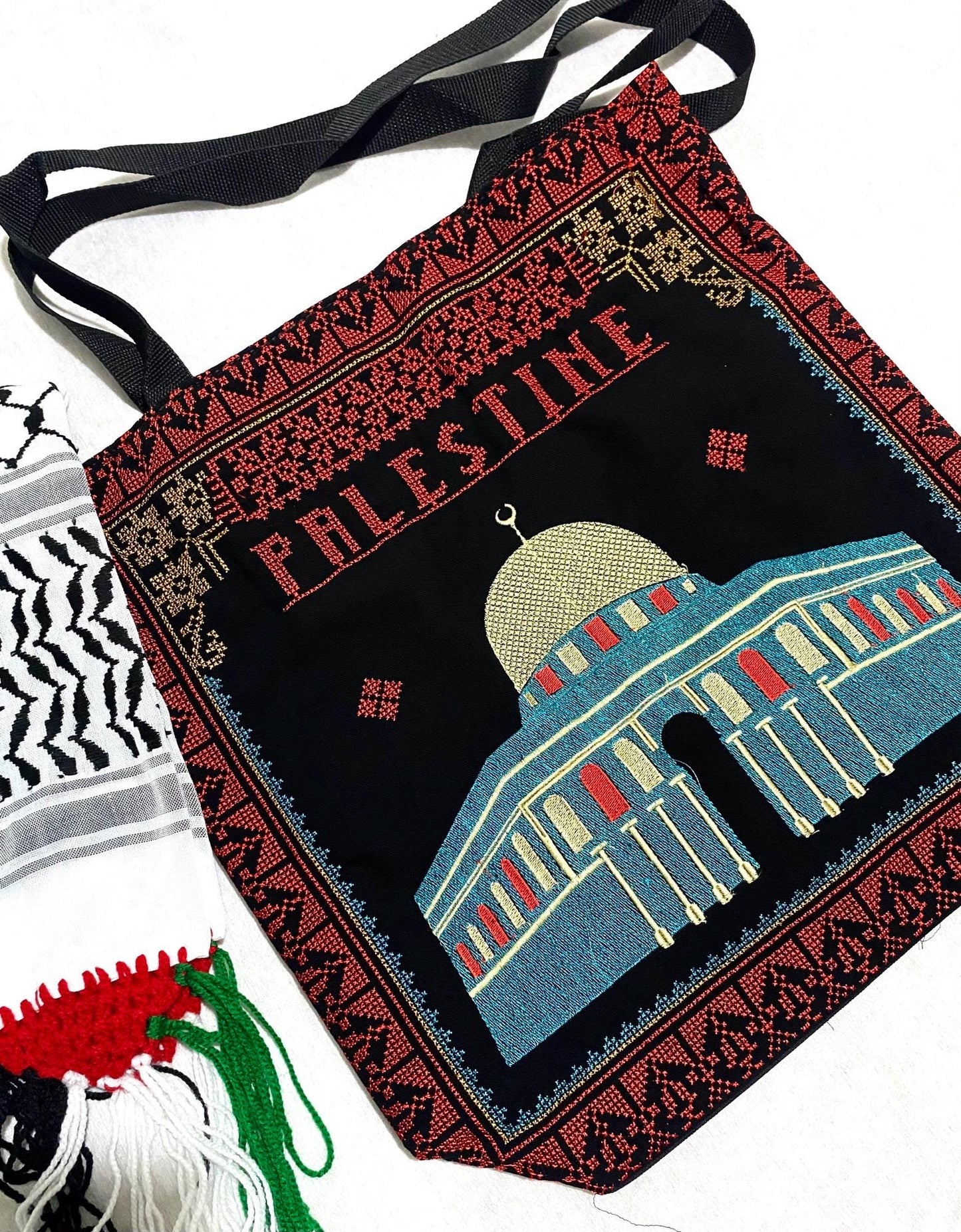 Jerusalem Embroidery Palestine Tote Red Bag, Keffiyeh Scarf, Tatreez Shoulder Bag, Vintage Unique Handmade Heavy Work multi-function Zipper