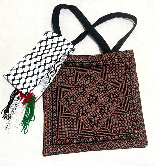 Embroidery Palestine Tote brown Bag, Keffiyeh Scarf, Tatreez Shoulder Bag, Vintage Unique Handmade Heavy Work multi-function Zipper