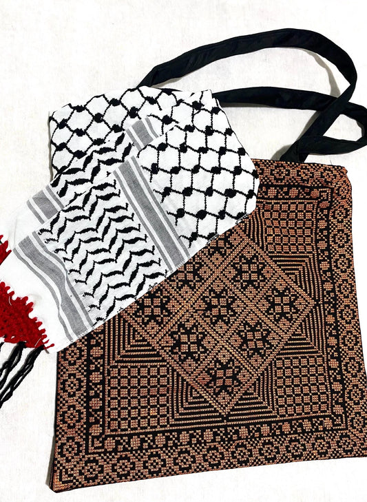 Embroidery Palestine Tote Tan Bag, Keffiyeh Scarf, Tatreez Shoulder Bag, Vintage Unique Handmade Heavy Work multi-function Zipper