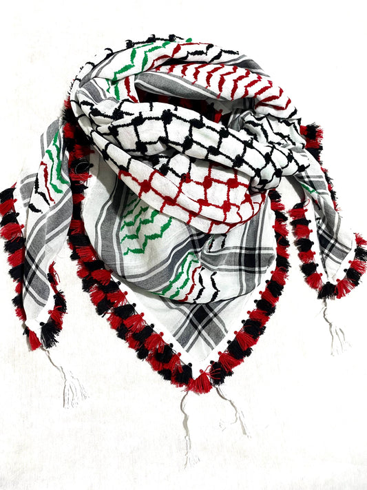 Palestine Flag Scarf, 4 mixed colors, Keffyeih Arab Hatta Scarf, Quality Bandana Kofya Kuffyieh, BlackRed Tassels Woven Stitched NOT Printed