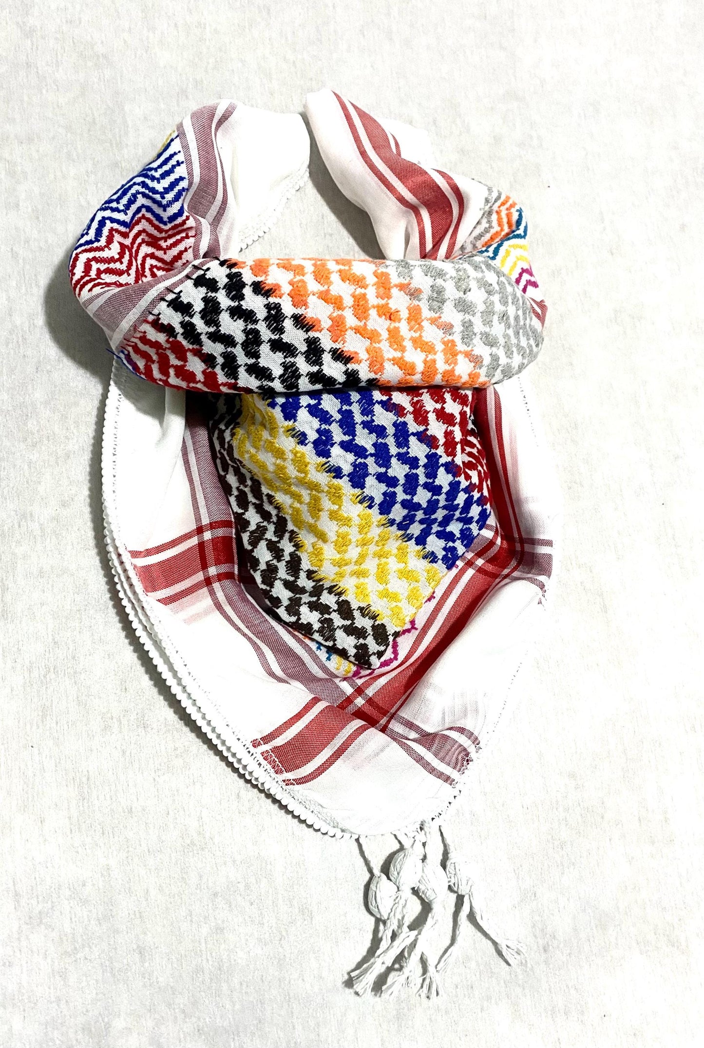 Rainbow Keffiyeh Scarf, Unique Arab Palestine Desert Bandana face Cover, Windproof Mask, Vintage dress Hatta Shemagh Keffyieh