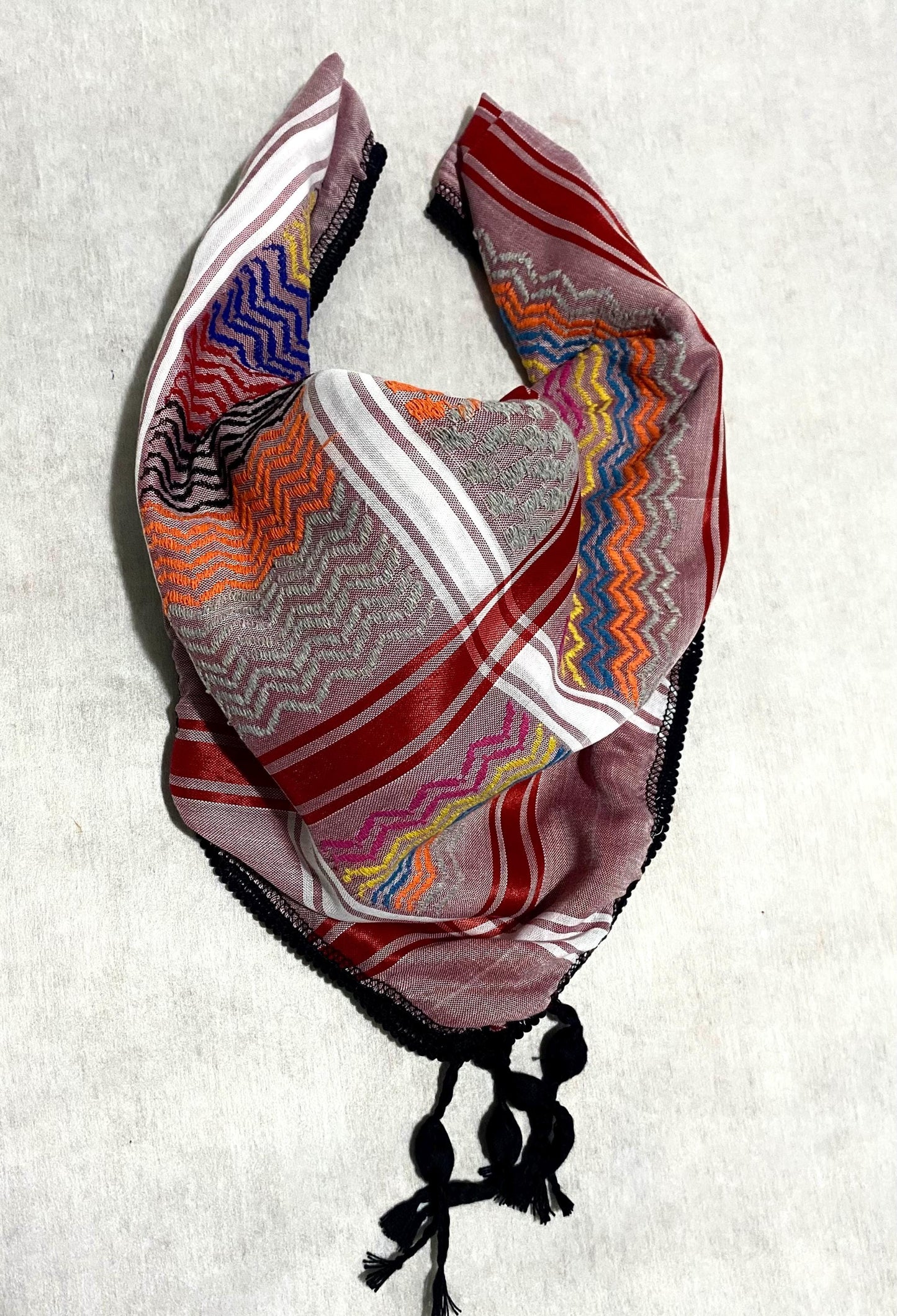 Burgundy Rainbow Keffiyeh Scarf, Unique Arab Palestine Desert Bandana face Cover, Windproof Mask, Vintage dress Hatta Shemagh Keffyieh Mixed